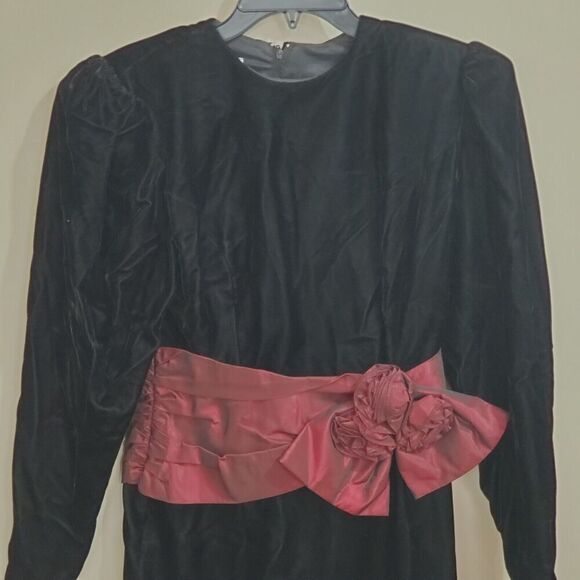 Vintage Scott McClintock Dress Velvet Size 8 Small Taffeta Bow Waist Cumberbund - Picture 2 of 9